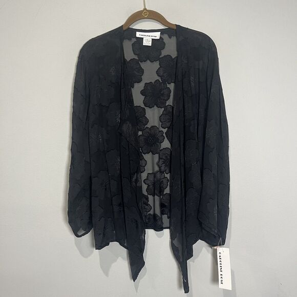 Caroline Rose Cardigan Women’s Large Sheer Black Floral Silk Open Swing Blouse - Picture 1 of 7
